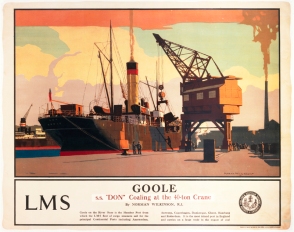 Poster produced for the London Midland & Scottish Railway (LMS), showing the SS 'Don' docked at the inland port of Goole, East Riding, Yorkshire, where a crane is seen loading coal onto the ship. Goole, on the River Ouse, carried a large trade in the export of coal and was the Humber Port from which the LMS fleet of cargo steamers sailed for the major continental ports. Artwork by Norman Wilkinson (1878-1971).